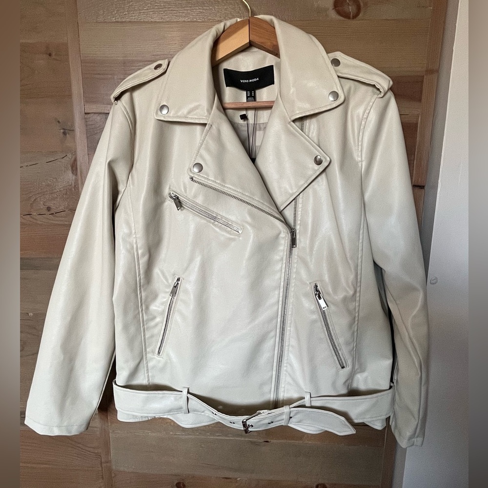 Vero Moda Cream Faux Leather Moto Jacket